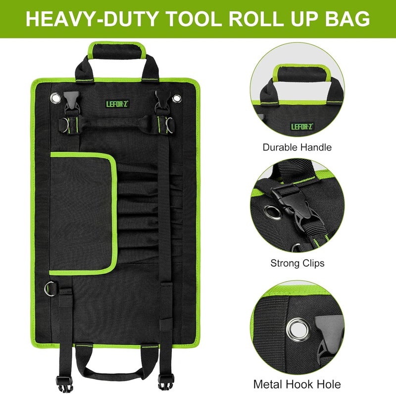 LEFORZ Tool Bag,Large Roll Up Tool Bag Organizer,13 Pockets Tool Roll Storage Pouch,Heavy Duty Portable Tool Storage Carrier Bag for Men,Mechanic,Electrician & Hobbyist,Black/Green - Image 5